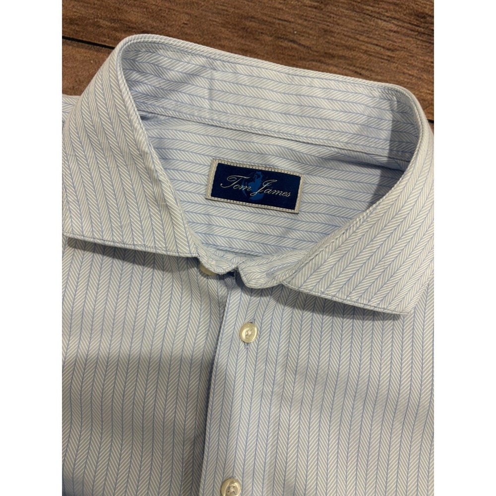 Tom James Mens Blue White Herringbone Stripe Dress Shirt Monogram Cuff L/S